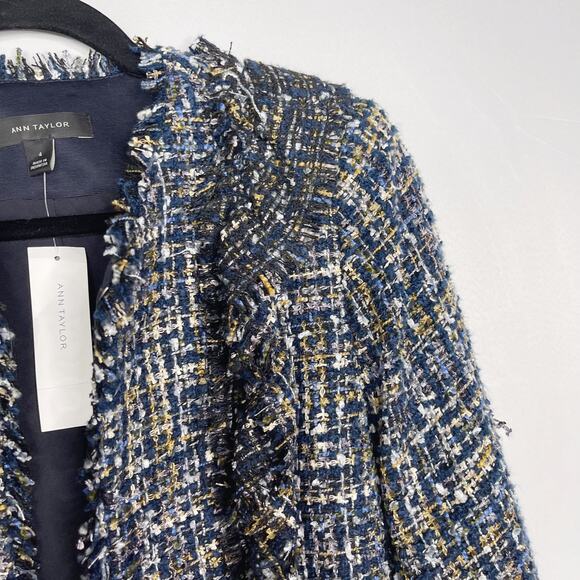 New Ann Taylor 4 Blue Black Ruffle Tweed Peplum Jacket Blazer Hook Eye Front - Picture 6 of 14